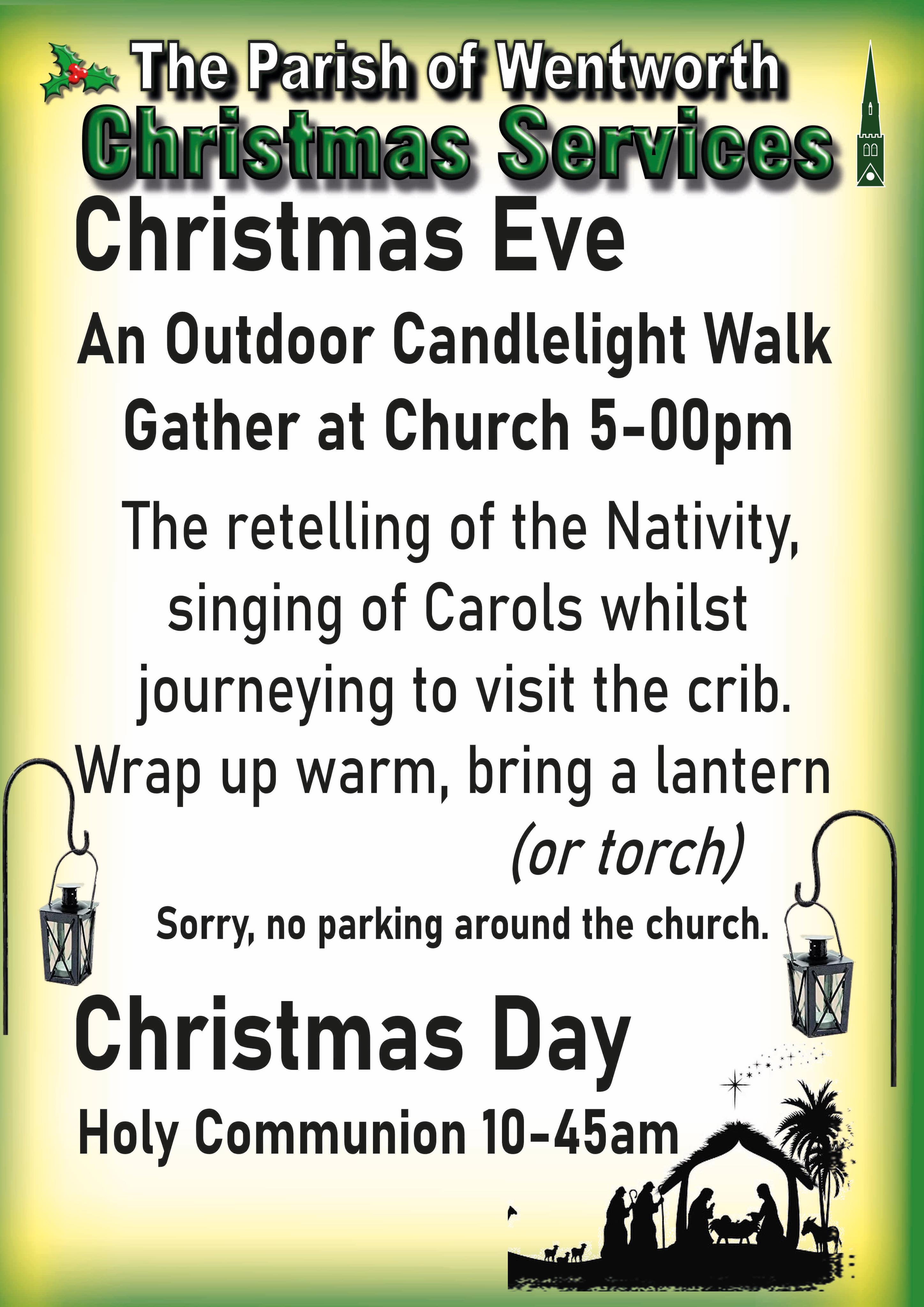 Christmas Services 2021 - Christmas  Eve 5pm, Christmas Day 10.45am. There is no parking around the church on Christmas eve